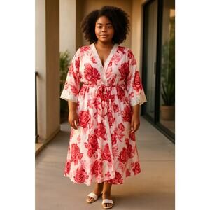 3 PIECE Set Lot PJ Top Pants Robe Size 3x Red Floral Pajama PJs Bathrobe Satin